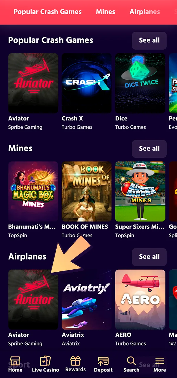 Locate the Aviator game on the Big Boost site.